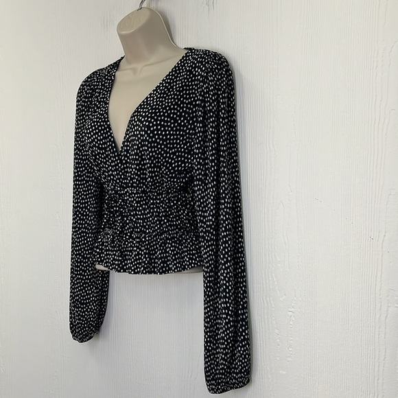 Zara - Polka Dot Black & White Plunge Tie Silky Long Sleeve Blouse Size Small - Picture 6 of 10